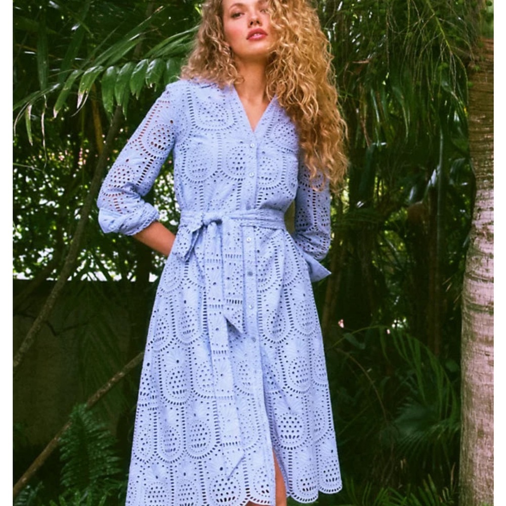 NWT Lilly Pulitzer Elegant Eira Shirtdress Blue Eyelet Lace Midi Dress Size 14